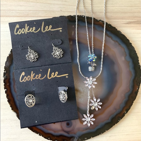 Cookie Lee CZ flower necklace silver crystal filigree earrings lot 4 - Picture 5 of 6